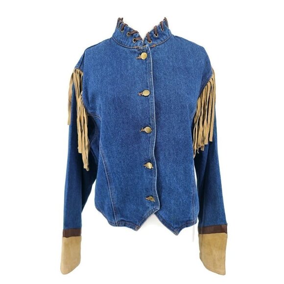 VTG Accents on Outerwear Denim Jacket Womens Large Suede Leather Fringe Western - Picture 2 of 5